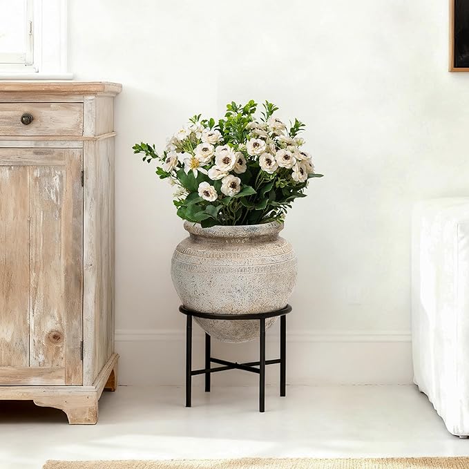 LuxenHome 14" Dia Large Planters for Indoor Plants, Indoor Plant Pots with Stand, Distressed Cachepot for Living Rooms, Entryway, Office