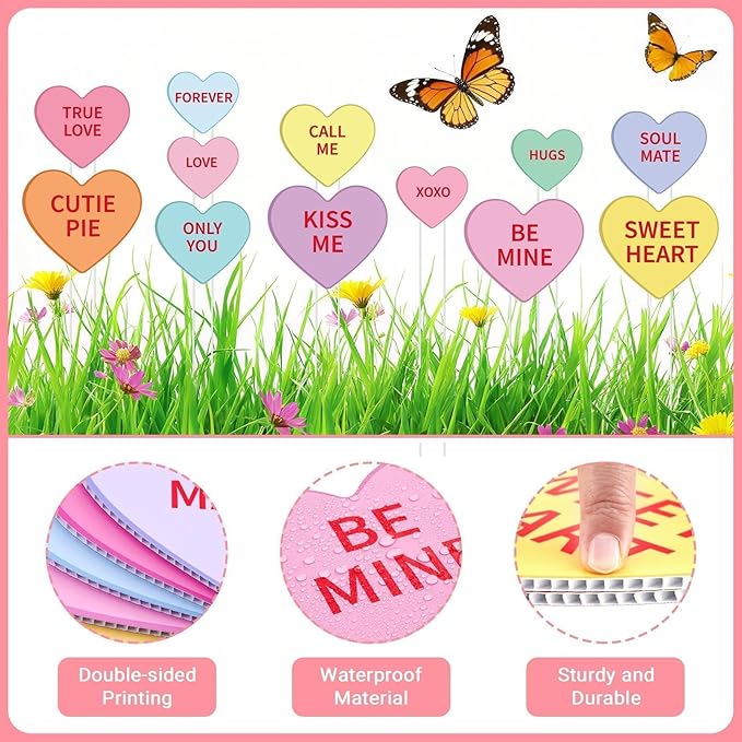 12 Pcs Valentine's Day Planter Stakes for Outdoor Valentine's Yard Decorations Conversation Heart Shaped Yard Signs Decorative Heart Garden Stakes for Outside Lawn Patio Porch Pot Decor