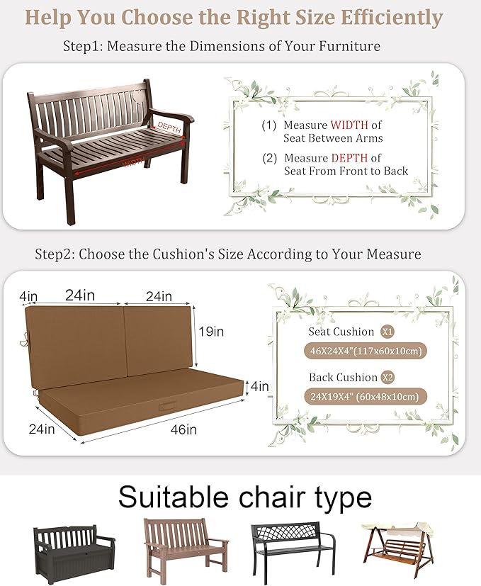 46 x 24 Outdoor Loveseat Cushion Set, 3 Piece Seat Cushions for Patio Furniture,Fade Resistant,Water Repellent, Outdoor Cushion Set for Wicker Couch,Bench,Swing,Beige