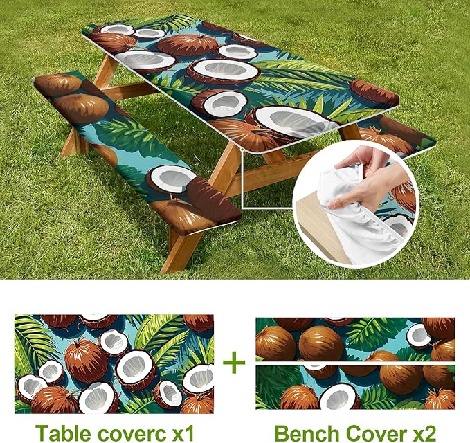 Tropical Paradise Picnic Table Cover with Bench Covers Set of 3 - Coconut & Palm Leaves Print, Elastic Fitted Tablecloth for 6 Ft Tables, Washable Polyester Cover for Patio, Indoor & Outdoor