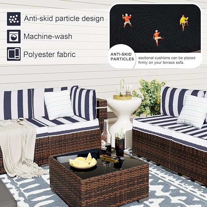 Patio Sectional Cushions, 14-Piece Replacement Cushions for Outdoor Furniture, Water-Resistant Outdoor Sofa Cushion for 6-Seat Rattan Wicker Sectional Conversation Sets (Navy Blue & White Stripes)