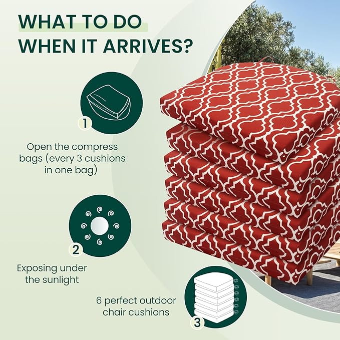 HARBOREST Outdoor Chair Cushions Set of 6, Water Resistant Patio Chair Cushions with Ties, Outdoor Seat Cushions for Patio Furniture, 17"x16"x2", Wine Red Geometry