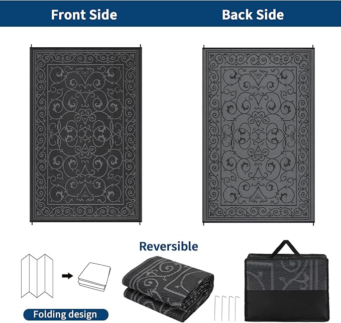 MilleLoomi 9x12 Outdoor Rug Waterproof Foldable Plastic Straw Carpet for Patio Porch Vintage Reversible Mat Lightweight Floor Mat for Picnic, Backyard, Rv, Beach, Deck, Camper, Balcony，Black Grey