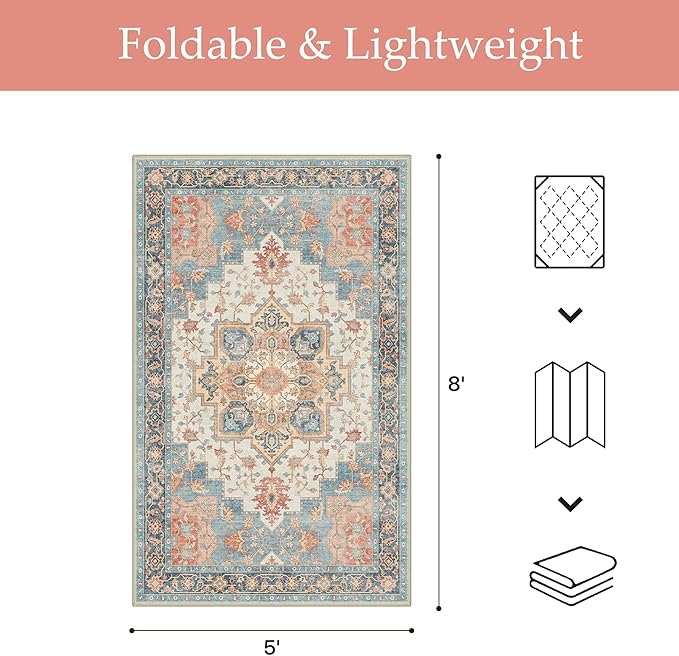 GENIMO Outdoor & Indoor Area Rug 5'x8', Waterproof, Non-Shedding, Easy Cleaning, Boho Mat for Patio, Living Room, Balcony, Dining Room, RV, Deck, Bedroom, Camping, Outside Carpet,Blue Salmon
