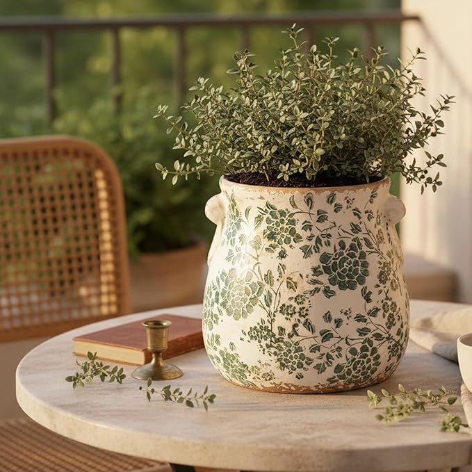 Tuscan Ceramic Planters, 6.68 Inch Vintage Plant Pots with Drainage for Indoor/Outdoor, Country Cottage Vase & Flower Pots for Home and Garden Decor, Gifts for Plant Lovers, Cyan