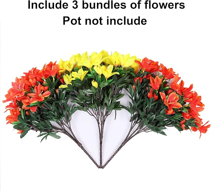 INSPRING Artificial Fake Flowers for Outdoors Spring Decoration, 3 Bundles Realistic Faux Azalea Plants Flower UV Resistant Silk Flowers for Outside Outdoor Planter Porch Patio Yard Garden Home, Mix