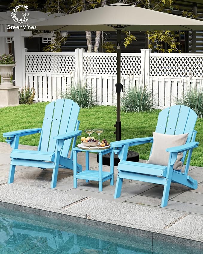 GREENVINES Folding-Adirondack-Chairs-Set-of-2 | HDPE Plastic | Fire Pit Chair | All Weather | Cup Holder | Arctic | for Deck Backyard Patio Outdoor Garden