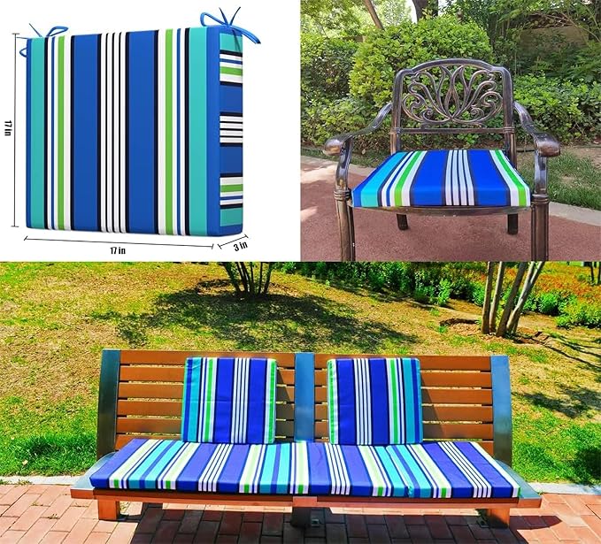 Indoor/Outdoor Chair Cushions Set Of 4 Waterproof,Square Corner Outdoor Cushions For Patio Furniture - Patio Chair Cushions With Ties,Memory Foam Oudoor Cushions17"X17", Blue Stripes