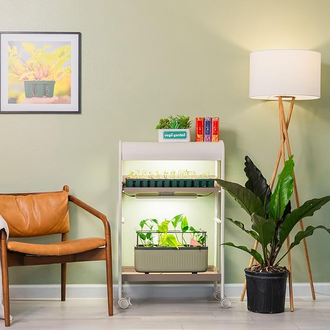 Vego garden 2 Tier Rolling Metal Corner Plant Stand Indoor with Grow Light, Full Spectrum LED Grow Light, Plant Rack for Seed Starting, Leafy, Herbs, Fruits & Microgreens