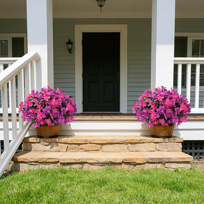 INSPRING Artificial Flowers Fake Plants for Outdoors Spring Summer Decoration, 3 Bundles Faux Silk Azalea UV Resistant Outdoor Flowers Realistic for Planters Outside Patio Porch Garden Home Decor, Mix
