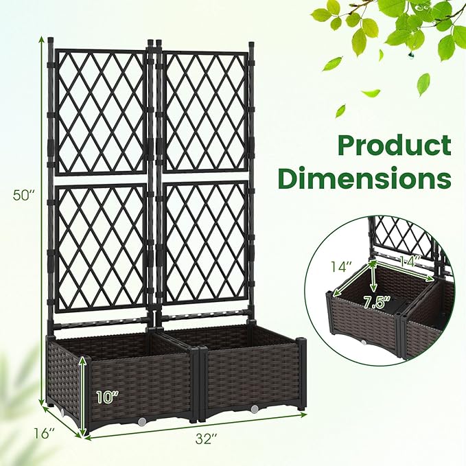 HAPPYGRILL Raised Garden Bed with Trellis, Double Self-Watering Planter Boxes w/Drain Holes for Climbing Vines Flowers Vegetables, Indoor Outdoor Tall Plant Support Privacy Fence for Backyard Balcony