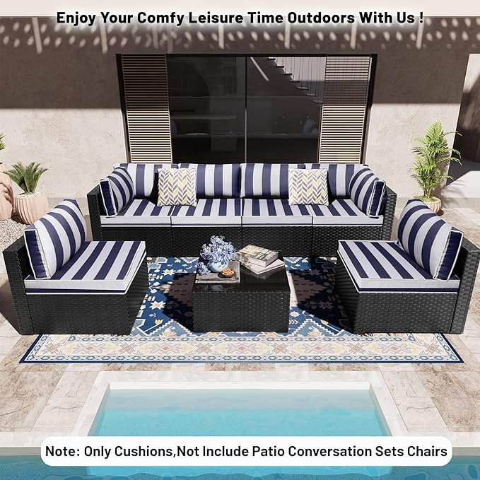 14 Piece Outdoor Sectional Cushions, Water-Resistant Outdoor Sofa Cushions Replacement, 4" High Density Foam Patio Furniture Cushions Fits 6-seat Rattan Conversation Set (Navy Blue White Stripes)