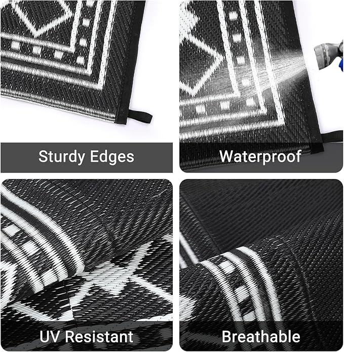 Garvee Outdoor Rug 8 x 10 Patio Waterproof, Foldable Reversible Plastic Straw Area Rugs Mat for Camper Decor, Outside Carpet for Rv, Deck, Porch, Picnic, Beach, Balcony (Black/White)