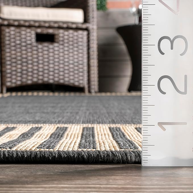 Nuloom Asha Dark Grey/Ivory, 2' x 6', Casual, Striped Border, Soft and Cozy, High Traffic, Stain Resistant, Easy Clean, Durable Runner for Indoor/Outdoor Patio, Deck, Porch, Garden, Courtyard