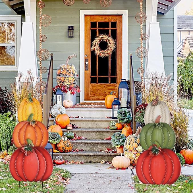 PHITRIC Fall Decorations Outdoor, 34" 2PCS Decorative Garden Stakes with 6 Pumpkins for Fall Decor, Metal Yard Signs for Home Outside Garden Yard Lawn Patio, Thanksgiving Decorations