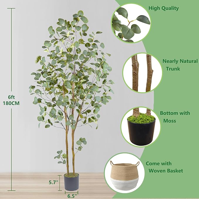 Artificial Eucalyptus Tree, 6ft Tall Faux Eucalyptus Plant with Basket for Home Office, 72'' Fake Tree for Indoor Outdoor Livingroom Garden Floor Décor