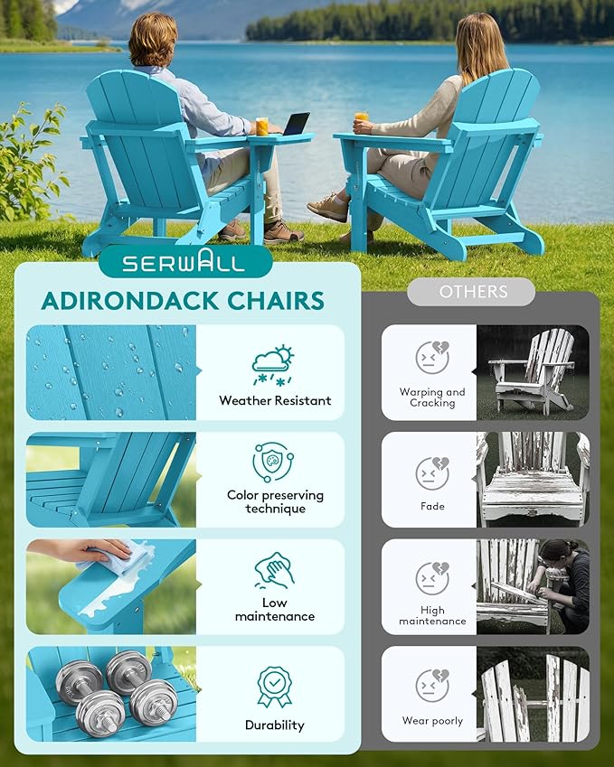 SERWALL Folding Adirondack Chair, Outdoor Adirondack Chairs with 4 in 1 Cup Holder, Wood Texture, Weather Resistant Plastic Patio Fire Pit Chairs for Garden, Backyard, Deck, Lawn - Light Blue