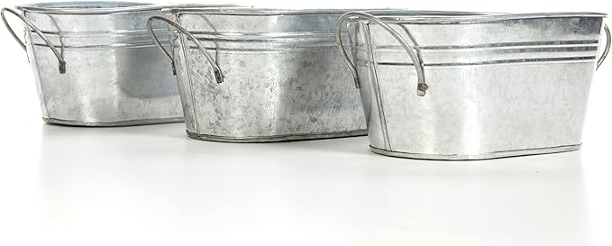 Hosley Set of 3 Galvanized Oval Planters 8 Inches Long with Handles, Rustic Charm for Floral Arrangements Indoor and Outdoor Gardening D cor