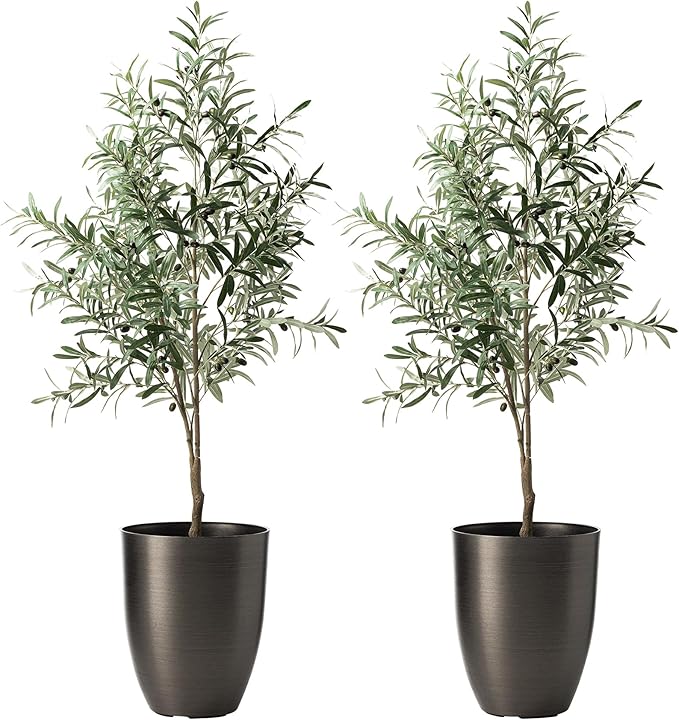 Glitzhome 16.75" H Tall Planters for Outdoor Plants,Tall Black Planter with Drainage Holes,Modern Resin and Stone Faux Brushed Steel Texture Large Planters,Garden Flower Pots for Porch Indoor,Set of 2