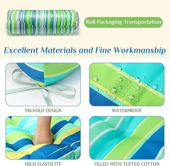 Hoteam 6 Set Patio Chair Cushions Outdoor High Chair Cushion 20 x 40 Inch Waterproof Patio Seat Rocking Indoor Thickened Pad(Striped Style,Green)