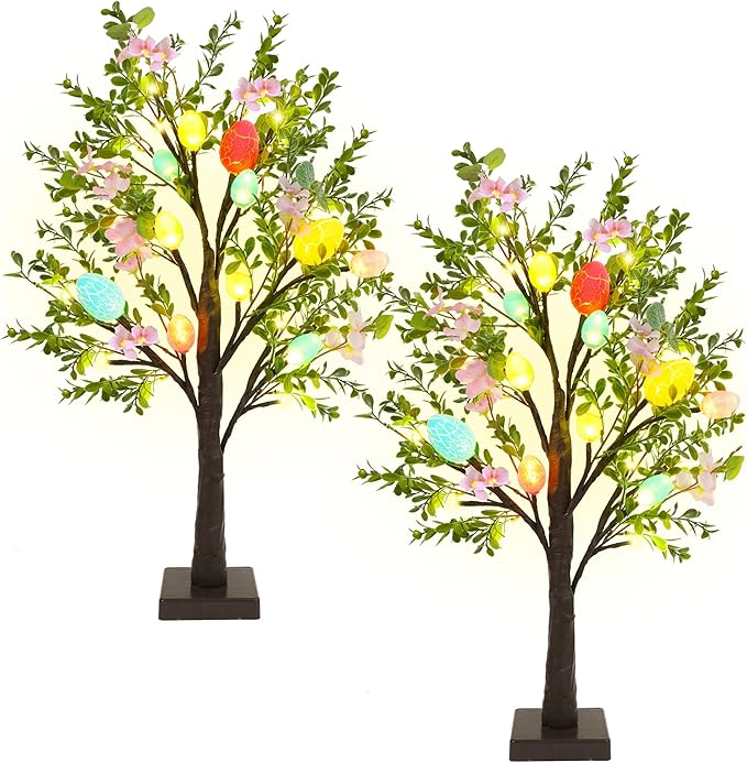 DR.DUDU Easter Decoration Set of 2 Lighted 24 Inch Artificial Tree with Easter Eggs & Colorful LED Lights, Light Up Tabletop Bonsai Tree for Table Home Holiday Spring Decor