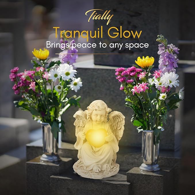 TIALLY Solar Garden Angel Statue – Praying Guardian Angel Statue Light for Outdoor Yard Decor, Resin Garden Sculpture with Soft Glow for Angels Memorial or Cemetery Use