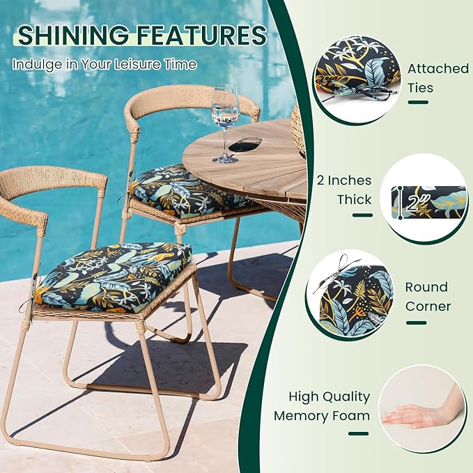 HARBOREST Outdoor Chair Cushions Set of 4, Water Resistant Patio Chair Cushions with Ties, Outdoor Seat Cushions for Patio Furniture, 17"x16"x2", Philomel
