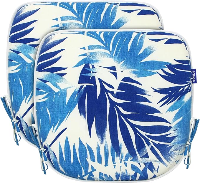 SleepMan Outdoor 17"x16" Chair Cushions with Ties Set of 2, Water Resistant All Weather U-Shape Seat Pads for Patio Garden Furniture Indoor Fade Resistant Patio Cushions (Blue Bamboo)