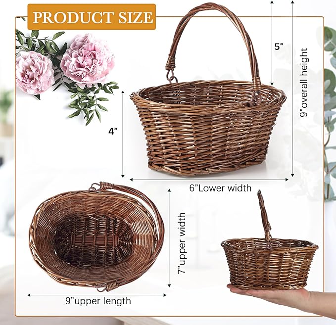 Barydat 6 Pcs Small Wicker Picnic Basket with Handle Flower Girl Baskets Oval Willow Woven Braided Gift Basket for Easter Weddings Baby Shower Home Garden Decor (Brown,9" x 7" x 4")