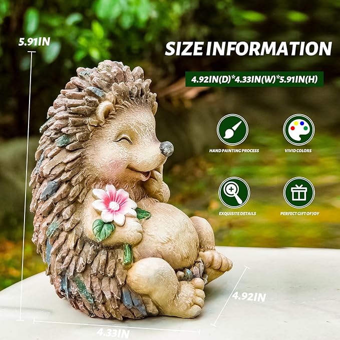 Resin Medium Garden Cute Hedgehog Decor, 5.9 Inch High, Waterproof Animal Figure, Outdoor for Flowerpot Lawn Yard, Indoor Shelf Desk Bookshelves