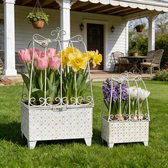 2-Piece Vintage White Metal Birdcage Planter Set, Decorative Flower Pots with Ornate Design for Indoor Outdoor Garden Decor, Distressed Planters (White)