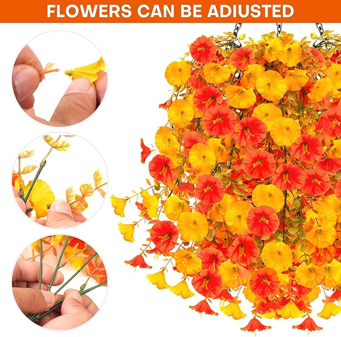 2PCS Artificial Hanging Flowers Outdoors Fake mums Plants Garden Home Decoration Fall Decor Morning Glory for Outside Planter Front Porch Patio Indoor Home Wedding Garden Porch Window Decoration