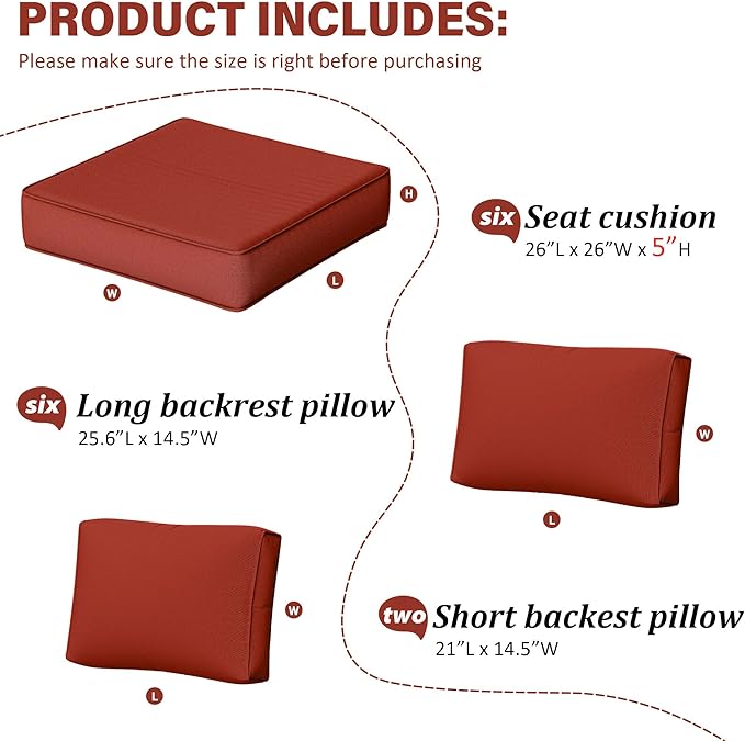 Outdoor Furniture Replacement Cushions, 5" Foam Foam High-Density, Fits 6-seat Sectional Rattan Conversation Set, 14 Piece Patio Water-Resistant Replacement Sofa Cushions, Liner&Cover