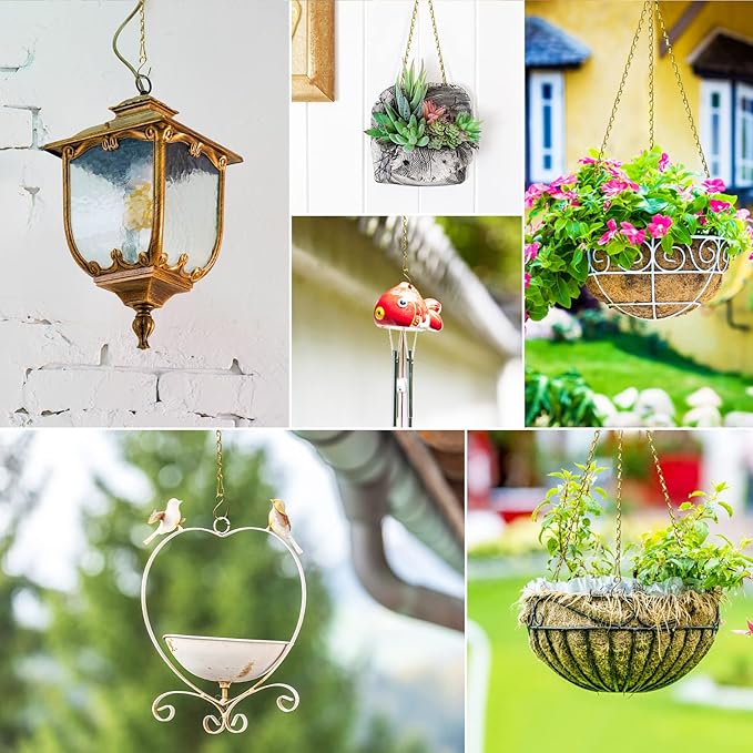 RIFNY Gold Chain for Hanging Plants, 24 Inch Small Plant Chains for Hanging Baskets Kits with Hooks for Bird Feeders Planters Billboards Lanterns Wind Chimes Ornaments Outdoor/Indoor Use (10 PCS)