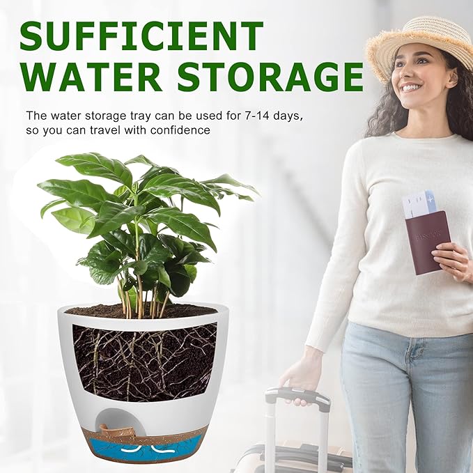Plant Pots 10/9/8 Inch Self Watering Pots, Set of 3 Plastic Planters with Drainage Holes and Saucers,Plastic Flower Pots,Nursery Planting Pot for Indoor Out Door Plants（White）