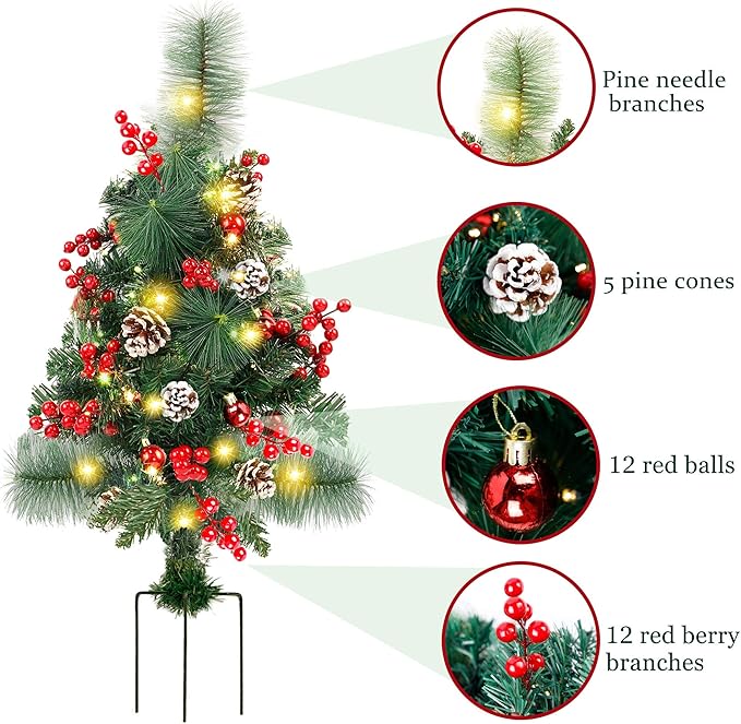 FORUP Set of 2 30 Inch Pre-Lit Pathway Christmas Trees Urn Filler, Outdoor Christmas Tree Decorations for Porch, Driveway, Yard, Garden, with 60 LED Lights, Red Berries, Pine Cones, Red Ball Ornaments