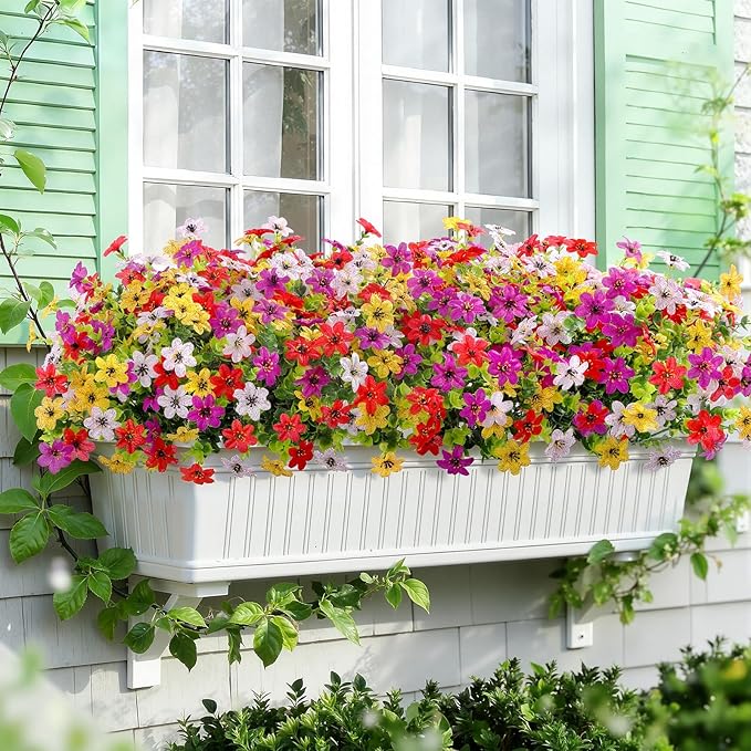 SHareconn 24 Bundles Artificial Flowers for Outdoors Spring Decoration, Fake Silk Realistic Faux Plants UV Resistant for Outside Planter Porch Patio Indoor Decor, RedPurpleYellowWhite