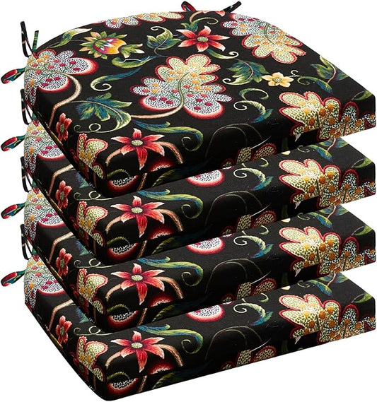Wellsin Outdoor Chair Cushions for Patio Furniture - Patio Chair Cushions Set of 4 - Water Resistant Round Corner Outdoor Seat Cushions 17"X16"X2", Flower Black