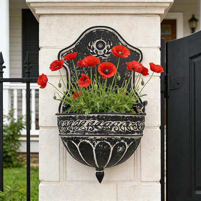 Vintage Distressed Black Metal Wall Planter, Rustic Hanging Pocket Planter with Scrollwork & Scalloped Design, Farmhouse Wall Decor for Indoor & Covered Outdoor Garden, Porch & Entryway