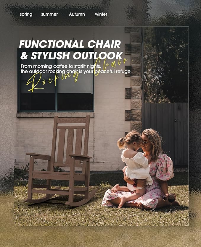 KINGYES Outdoor Rocking Chair Set of 6, All-Weather Patio Rocking Chairs for Porch, HDPE Rocking Outdoor Chairs with High Back for Adult, Heavy Duty Outdoor Patio Rockers for Garden, Lawn, Brown