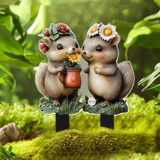 Cute Squirrels Garden Stake Decor, 2D Flat Stained Acrylic Animal Sign, Small Animal Ornament Indoor Outdoor Yard Lawn Pot Plant Decorative Accessories