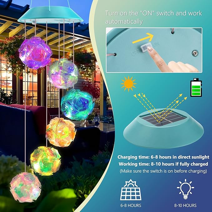Solar Wind Chime,Color Changing Colorful Ball Wind Chimes, LED Decorative Mobile, Gifts for Mom Grandma,Waterproof Outdoor Solar Lights for Garden, Patio, Yard, Window, Outdoor Decorations