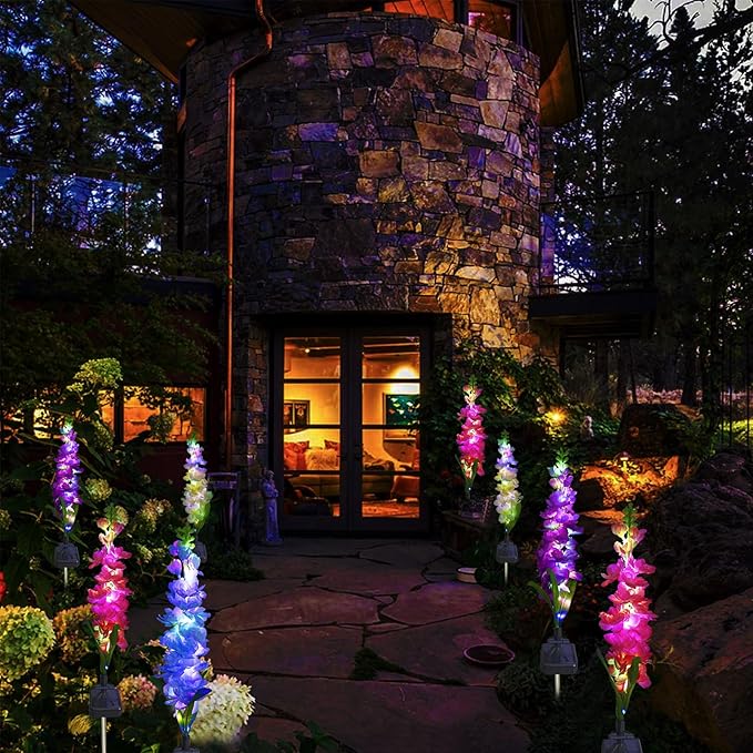 Solar Garden Lights, Solar Delphinium Flowers Lights 4 Pack 80 LEDs, Waterproof Outdoor Light Two Lighting Modes for Outside Wedding Party Garden Yard Patio Lawn Decor