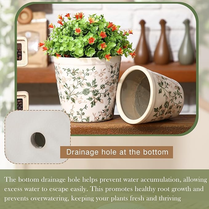 2 Pack Vintage Planter Large Ceramic Plants Pot 5.7/4.7 Inch Pastoral Floral Ice Crack Cottage Scroll Flower Vase Pot Indoor Plants Home Kitchen Decor Farmhouse Antique Decorative Gift