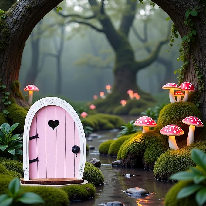 Pink Streak Mini Fairy Garden Door for Tree, 3D Miniature Fairy Door for Fairytale Tiny House Doors, Bonsai Terrarium Micro Landscape Decoration Accessories Garden Miniatures