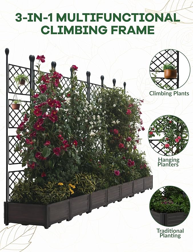 7 PCS Raised Garden Bed with Trellis, 114"LX16"WX63"H Plastic Planter Box for Climbing Plants, Outdoor Vertical Garden with Privacy Screen for Patio, Balcony, Backyard – Sturdy & Lightweight