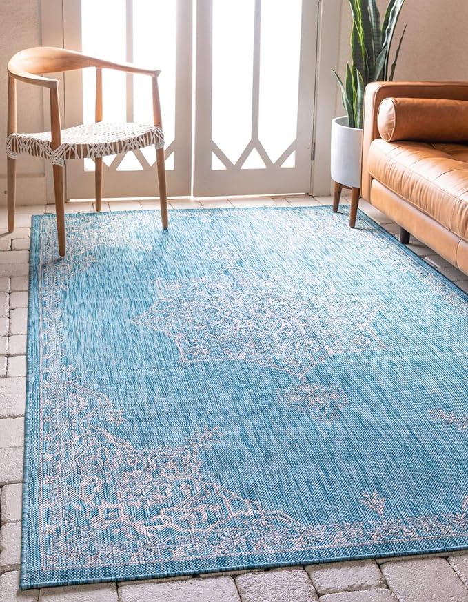 Unique Loom Outdoor Traditional Collection Area Rug - Antique (9' x 12' Rectangle, Light Aqua/ Gray)