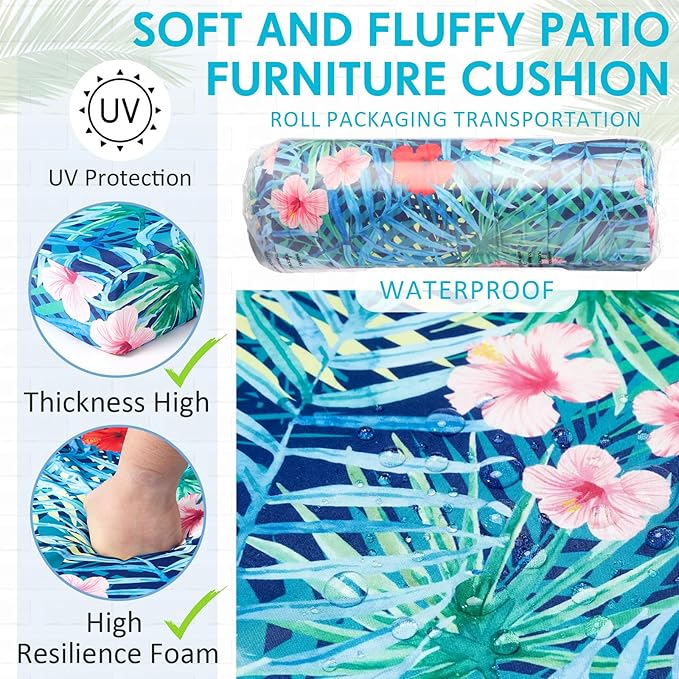 4 Pack Outdoor High Back Chair Cushion, 44 x 20 inches Patio Chair Cushions Waterproof Rocking Cushions Indoor Furniture Seat Pad, Weather Resistant (Plants,Blue)
