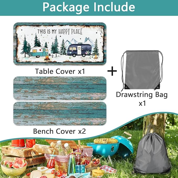 Picnic Table Covers with Bench Covers Camping Tablecloth Fitted Picnic Table Cover with Elastic Windproof Waterproof, Camping Accessories Outdoor, 96In 3PCS