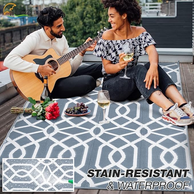 wikiwiki Outdoor Rug, 8x10ft Waterproof Reversible Mat Indoor Outdoor Rugs Carpet, Small Area Rug Plastic Straw Rug for Patio Deck Balcony Pool RV Camping Beach Picnic, Grey, Rugscape Series